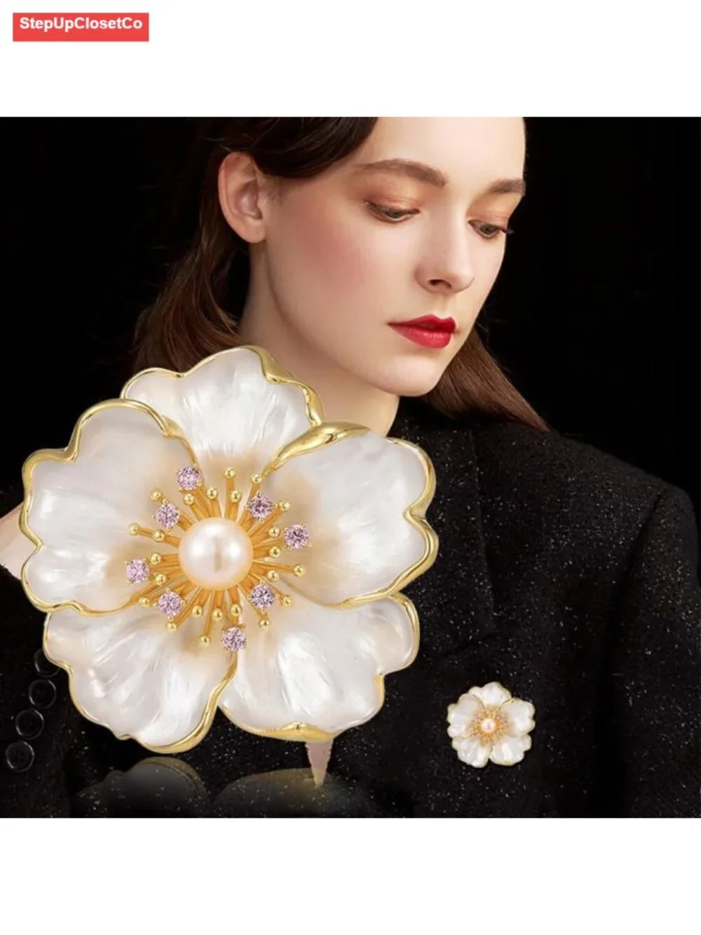 Elegant Flower Pearl Brooch Pin for Women Gold Plated Copper Safety Pin